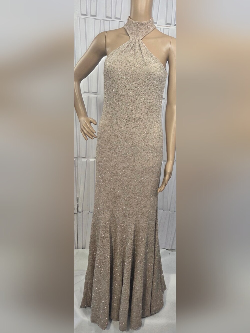 VTG Jessica McClintock Glitter Halter Maxi Gown Champagne Gold Size 6 Y2K Prom
